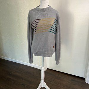 Vintage Playboy Grey Sweater Colorful Stripes Leather Logo Patch 80s/90s (M)